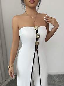 Rafferiza Modern Minimalist White Strapless Jumpsuit: Black-Accented Split Wide-Leg Silhouette With Ornate Metal Fasteners – Polished Elegance For Office & Elevated Daily Wear - White - View 6