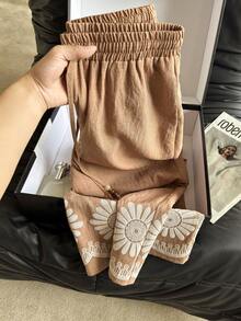 Franclia Women's Summer Casual Vacation Digital Floral Print Loose Straight Leg Pants - Brown - View 3