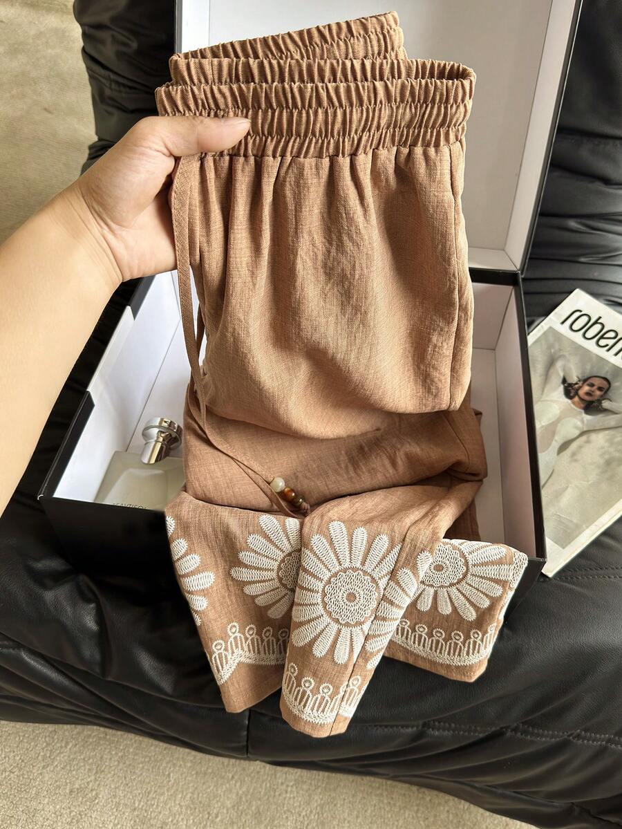 Franclia 女士夏季休闲度假数码印花宽松直筒裤 - 棕色 - 查看 1