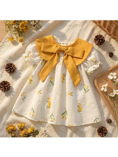 Loomiva 新生女宝宝优雅可爱夏季拼布花卉图案紫色蝴蝶结领宽松连衣裙