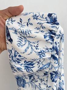 Flirla Damen Große Größen Urlaubsstil blaues Blume Muster Cheongsam Kleid - Verschiedenfarbig - Übersicht 8