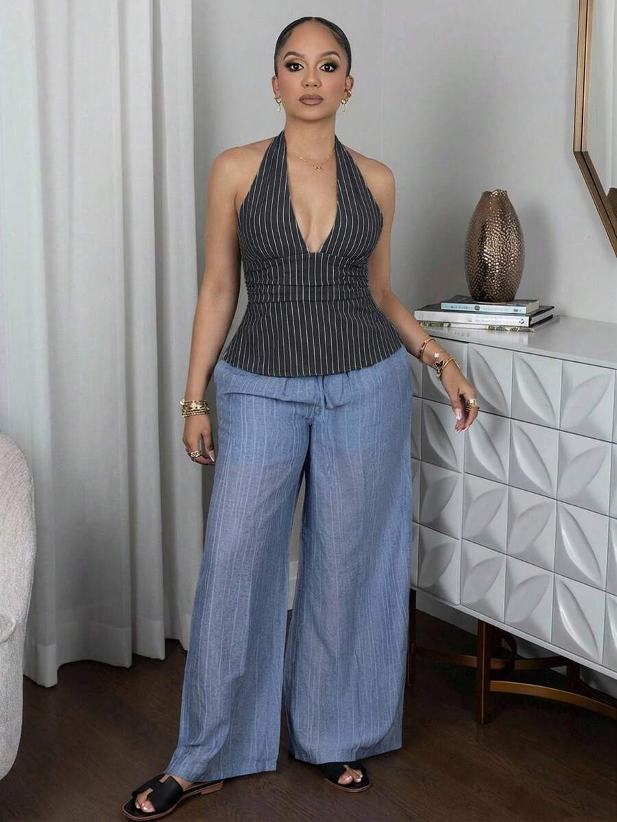 Melissa Matos 露背吊带深V领收腰A字条纹吊带背心 - 灰色 - 查看 1