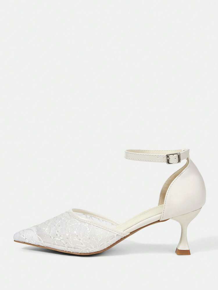 CUCCOO HITCHD Women Shoes Lace Material Hollow Design Buckle Back Mixed With Pointed Apricot Mule High-Heeled Shoes, Suitable For Parties And Daily Wear Shooting Wedding Shoes Summer Shoes Bride Shoes