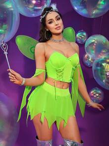 Women's Sexy Fairy Lace-Up Bra Top And Asymmetrical Net Skirt Long Sleeve Costume Set With Butterfly Wings - Green - View 4