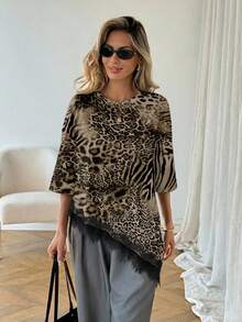 EMERY ROSE Áo thun nữ kiểu dáng thường ngày, màu trơn, họa tiết da báo, vạt áo bất đối xứng, phối ren, đa năng, thích hợp mặc hàng ngày, áo mặc nhà mùa xuân/hè, phù hợp cho kỳ nghỉ, mùa hè, mùa xuân, nghỉ xuân và nhiều dịp khác, bao gồm váy đi biển, áo sơ mi thường ngày, áo khoác ngoài và áo mùa hè. - Nhiều màu - Xem 7