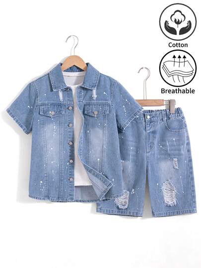 Tween Boys Denim Set Summer New Korean Style Fashion Versatile Splatter Paint Process Distressed Short Sleeve Shirt And Shorts Two Pieces Set Comfortable Premium Cotton Denim Daily Basic School Outfit Vacation Cotton Summer Wear Children's Denim Set Kids Boy Set
