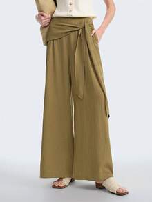 Aalyst Women's Elegant Lightweight Luxury Casual Bohemian Vacation/Work Commute Trousers, French Style Minimalist Design With Waist Tie, Pleated Waistband, Pockets, Wide Leg, Solid Color, Spring/Summer - Army Green - View 6