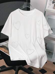 INAWLY Camiseta de verano para mujer de talla grande con decoración de corazón, strass y perlas - Blanco - Ver 3