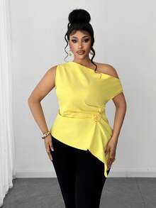 Maweii Women's Yellow Summer Elegant Night Blouse,Plus Size Asymmetric Collar Sleeveless Pleated 3D Floral Fashionable Niche Design Vacation Graceful Top - Yellow - View 4