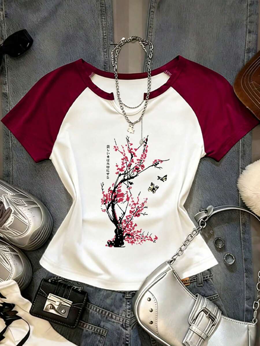 INAWLY Áo thun nữ cổ chữ U tay ngắn raglan, màu đỏ, bán chạy nhất mùa xuân hè, họa tiết hoa mai. - trắng - Xem 1