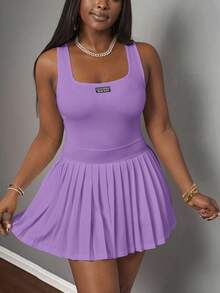 SHEIN Slayr 新款春夏休闲简约基础款U领背心，黑色标签和白色字样百褶裙，包括短裤和阔腿裤，白色针织面料女士迷你连衣裙-A - 紫色 - 查看 7