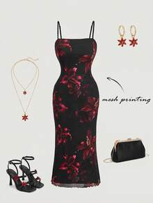 SHEIN MOD 大码复古黑色勃艮第大花朵优雅网眼吊带裙，适合夏季 - 彩色 - 查看 1