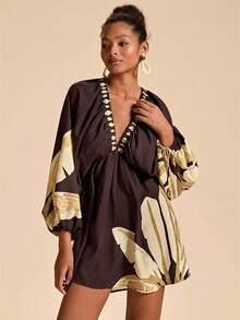 Travachic Đầm ngắn tay dài cổ chữ V in họa tiết du lịch dành cho nữ - Nhiều màu - Xem 6