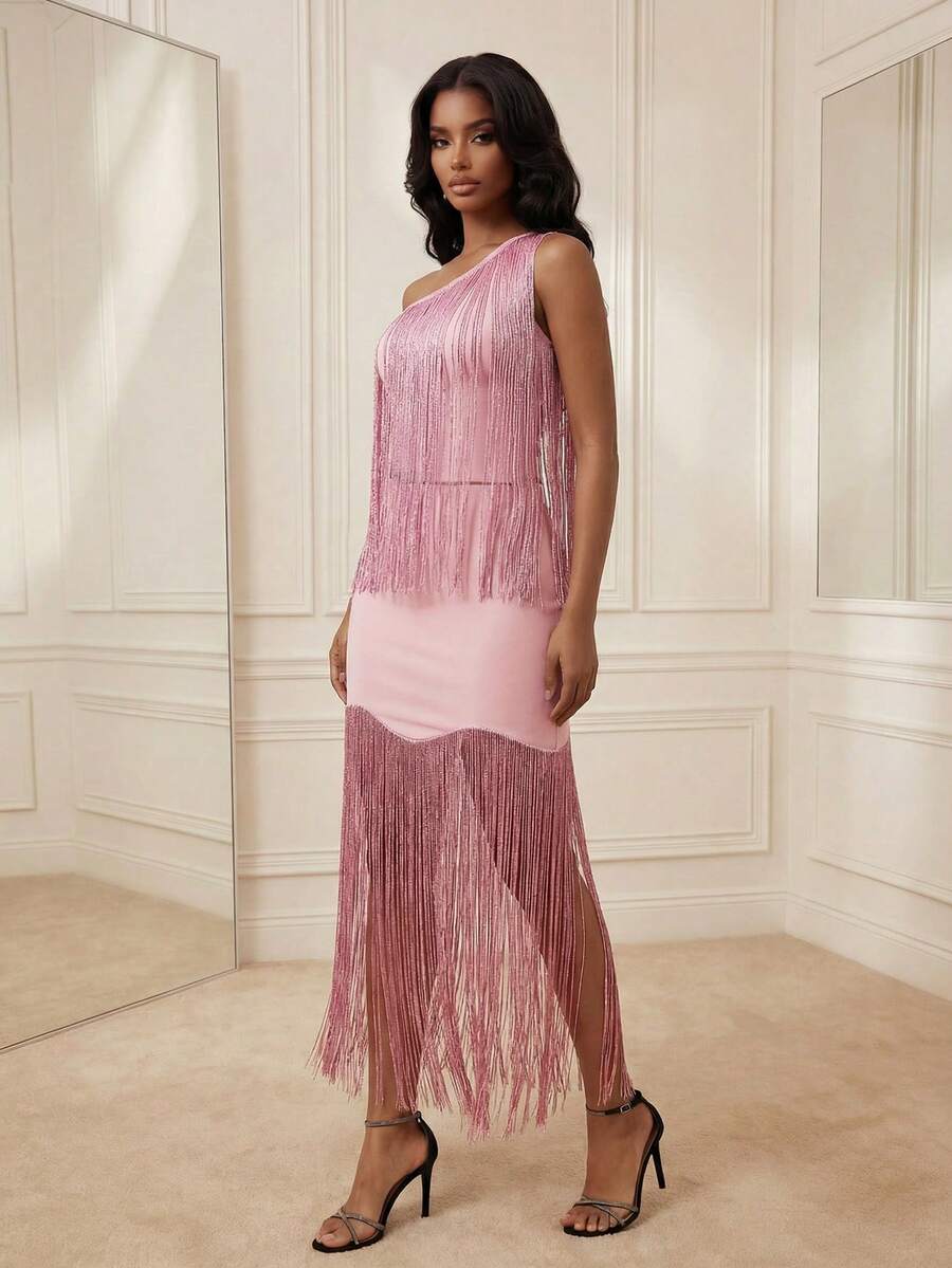 Anewsta Women's New Sexy Lotus Pink Fringed One Shoulder Top, Elegant And Exquisite For Banquet, Party, Birthday, Ball - Dusty Pink - View 1