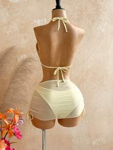 Soleia Women's Summer Vacation Beach Light Yellow Sun Embroidery Halter Bikini 3 Pieces Set - Yellow - View 2