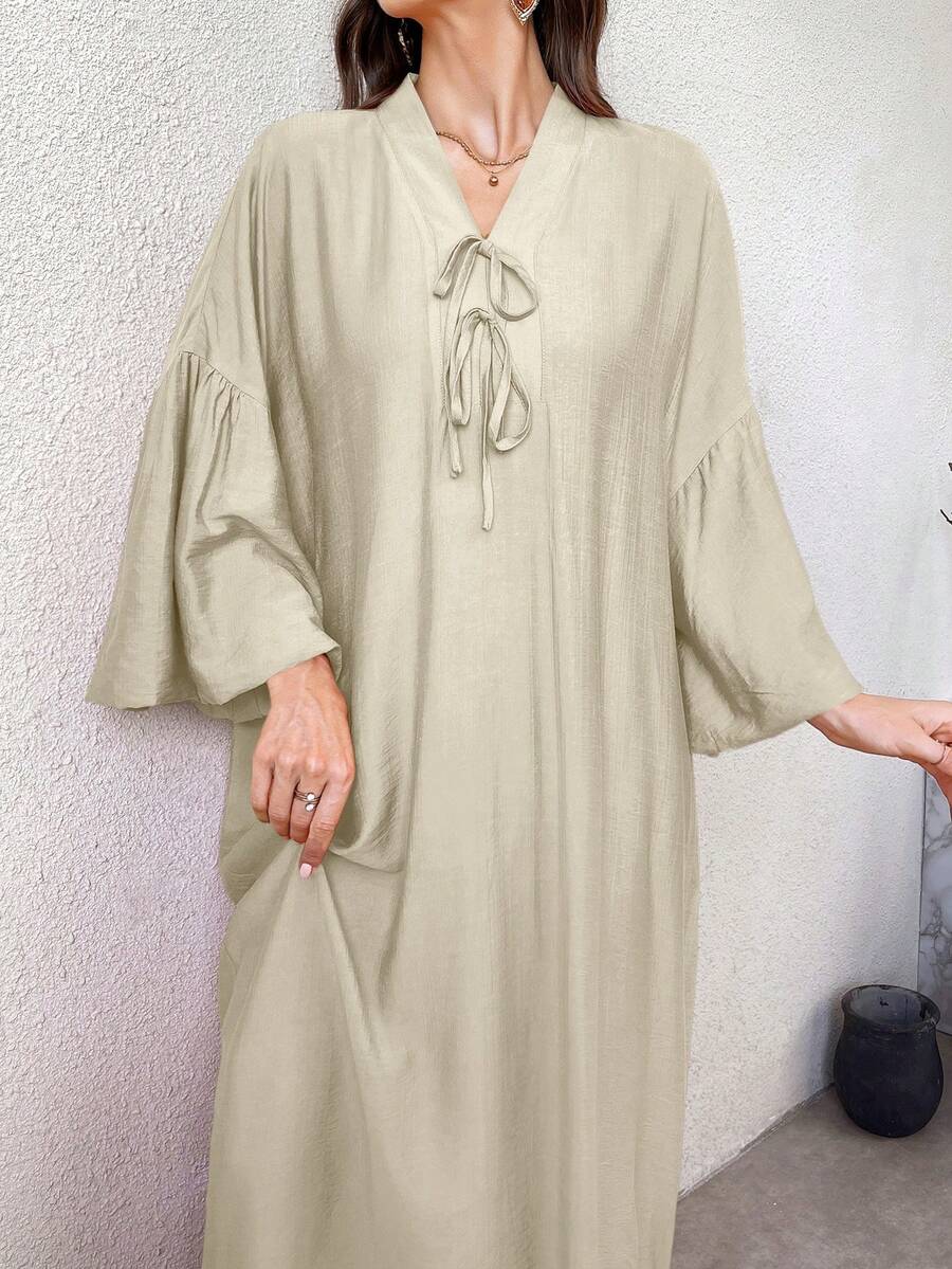 Yasmyna Women's Solid Color V-Neck Knotted Ruched Casual Party Travel Arabic Style Dress - Apricot - View 1