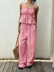 SHEIN EZwear Women's Summer Chiffon Tie Front Bandeau Top And Pants Set, Pink Casual Vacation Outfit - Pink - View 6