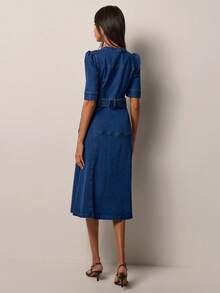 COSMINA Women's Spring/Summer Lightweight Blue Denim V-Neck Button-Front Mid-Length Waist-Cinched Straight Denim Dress - Blue - View 2