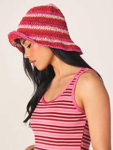 MISSGUIDED Crocheted Striped Bucket Hat For Summer Beach Vacation Sun Protection Fashion Accessory With Colorful Pattern Design - Multicolor - View 2