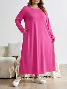 SHEIN CURVE+ Đầm midi dáng chữ A dài tay màu đen cỡ lớn, thời trang thu đông. - Màu Hồng Tươi - Xem 3