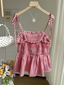 Comfortcana Plus Size Summer Vacation Ruffled Red Plaid Pinafore Camisole & Camisole - Red - View 2