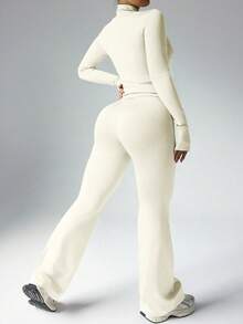 Easithlete 女式加大码休闲拉链夹克带拇指孔和高腰喇叭裤两件套，四季健身女装套装 - 杏色 - 查看 2