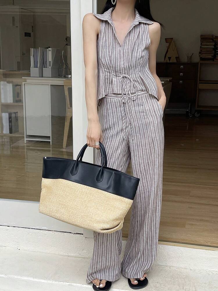 Vintage Striped Drawstring Tie Collar Sleeveless Pullover Shirt And Straight Leg Pants Casual Summer 2-Piece Set For Women