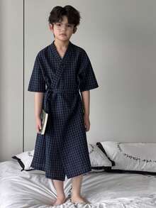 Dazy Kids 青少年男童格子交叉打结休闲家居服和长睡衣 - 藏蓝色 - 查看 6