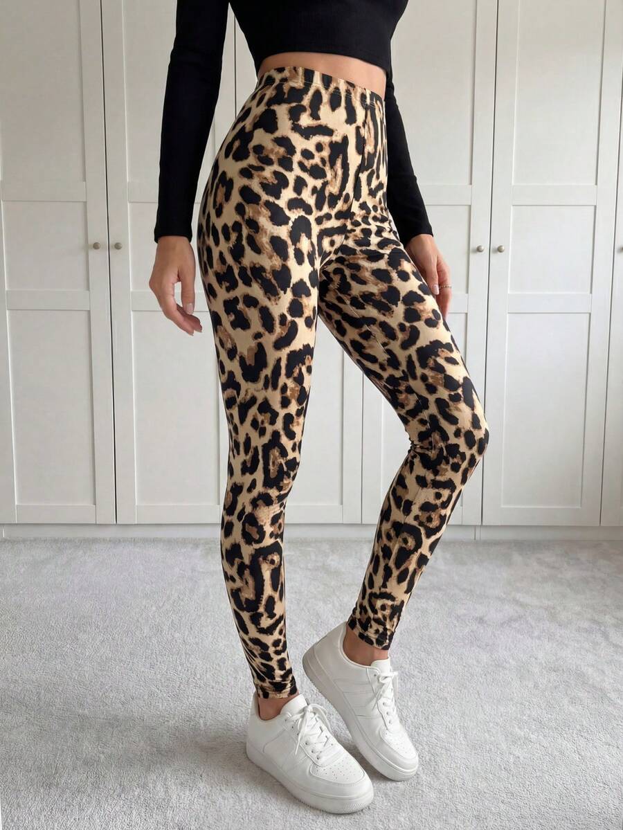 SHEIN LUNE Leopard Print High Waist Leggings,Casual - Khaki - View 1