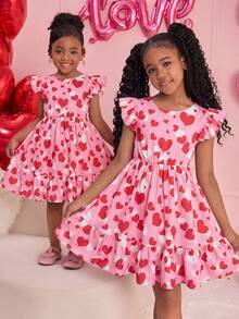 SHEIN Tween Girl Pink Summer Cute Birthday Y2K Heart Print Backless Bow Tie Chiffon Flutter Sleeve Dress,Valentine's Day Mother-Daughter Matching Vacation - Baby Pink - View 8