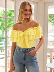 KARISMINA 女士度假纯色荷叶边露肩系带时尚上衣 - 黃色 - 查看 3
