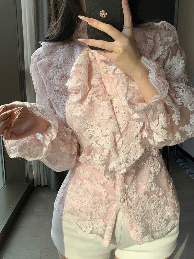 Women's Ruffled Embroidered Elegant French Collar Blouse