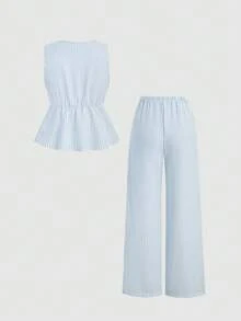 Sweetra European And American Summer New Pink Striped Lace-Up Minimalist Versatile Straight Leg Pants, Women 2 Pieces Set - Blue - View 3