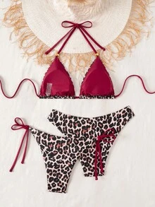 Swim Vcay 3件套夏季沙滩纯色露背系带吊带上衣+打结三角比基尼泳裤+三角比基尼套装，针织面料，适合假日派对、沙滩、数码印花、扎染装饰，性感豹纹红色细肩带三角罩杯比基尼套装 - 彩色 - 查看 2
