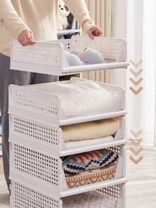 1PC Foldable Stackable Storage Basket Drawer Organizer Box For Closet Clothing Dresser Shelf Rack Bedroom Kitchen Desktop Snack Display Holder Collapsible Bin Container For Home Organization Wardrobe Tidy - White - View 6