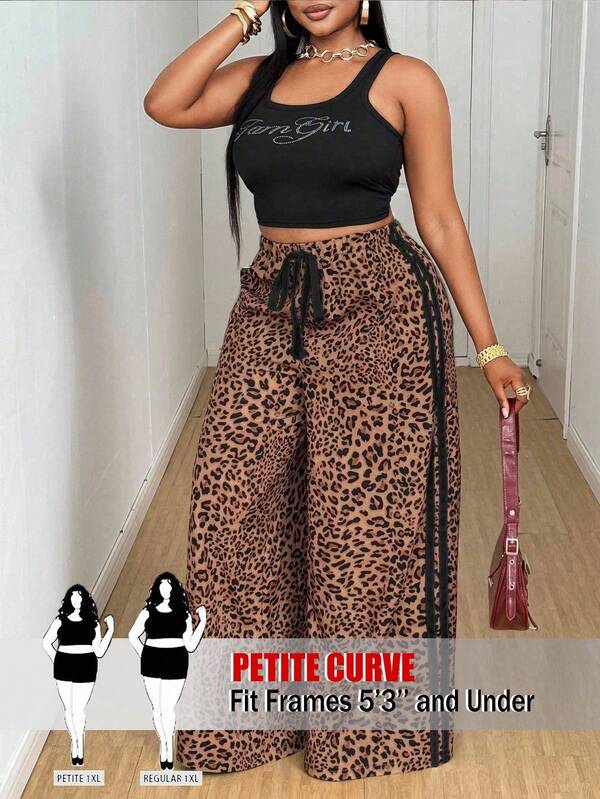 SHEIN PETITE CURVE Calça feminina plus size e petite casual com estampa de leopardo, detalhes contrastantes na cintura, cordão e laço, perna reta. Design moderno e versátil.