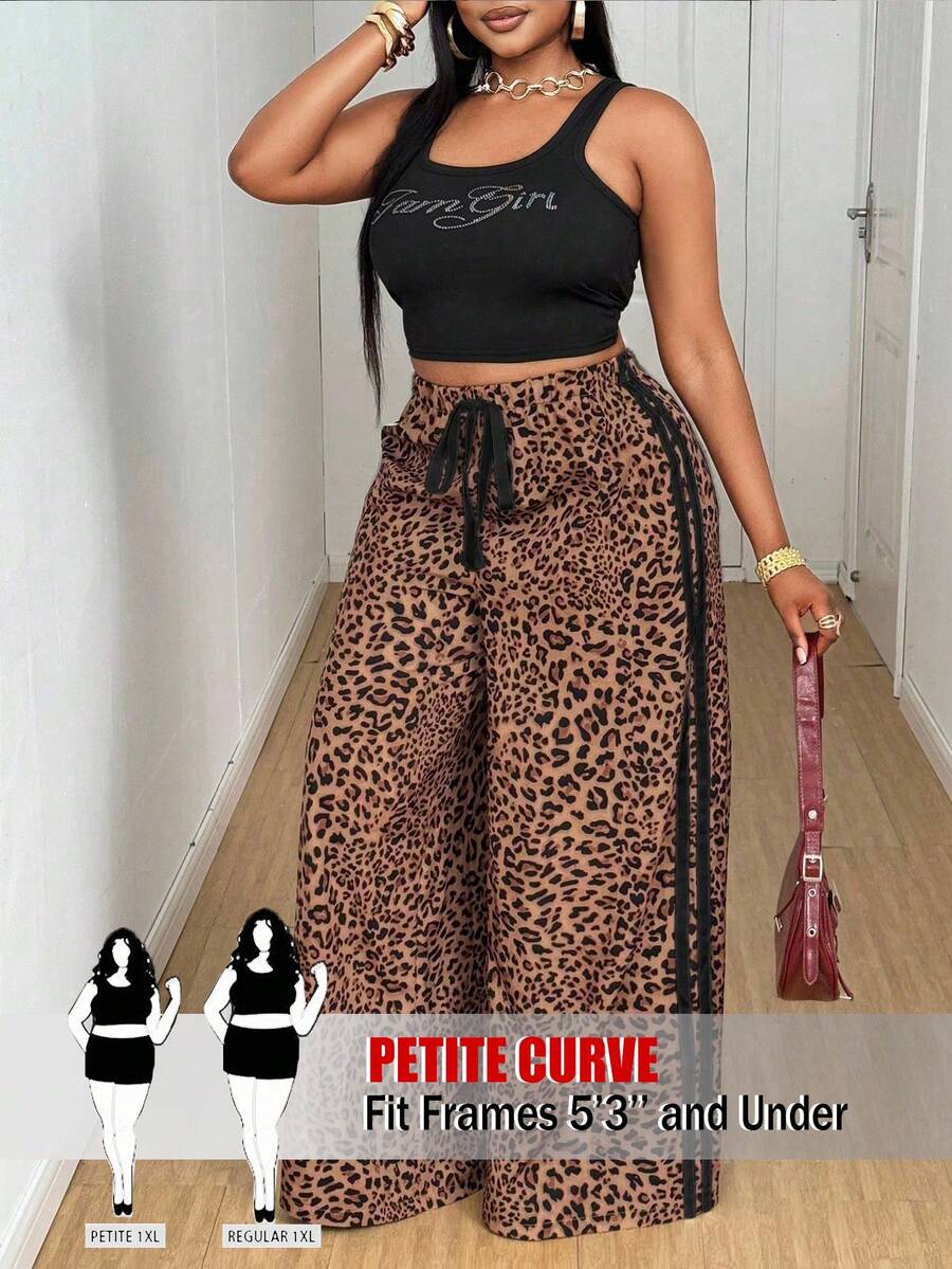 SHEIN PETITE CURVE Quần ống đứng dáng suông họa tiết da báo, phối viền tương phản, dây rút, nơ, dành cho nữ cỡ lớn và cỡ nhỏ, thiết kế thời trang, đa năng. - Nhiều màu - Xem 1