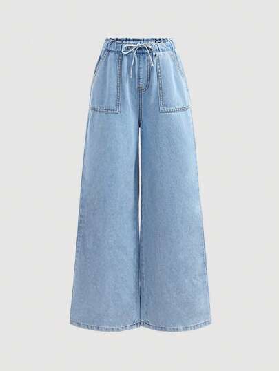 SHEIN Tween Girls Fashion Casual Y2k Vintage Cool Street Summer Causal Drawstring Waist Wide Leg Jeans With Patched Pocket,Girls Summer Clothes Outfits For Best Tween Girl Clothes Tween Girls Dailywear And Tween Girl Spring To Summer Rave Outfits Festival And Outfits Streetwear Clothes