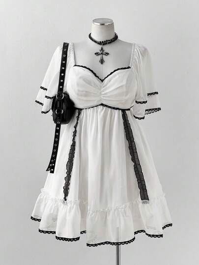 Sunspun 加大码法式欧根纱蕾丝边喇叭下摆短袖连衣裙，甜美风格