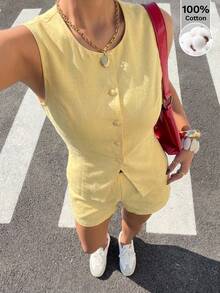 SHEIN EZwear 黄色梭织休闲女式背心和短裤套装 - 黃色 - 查看 3