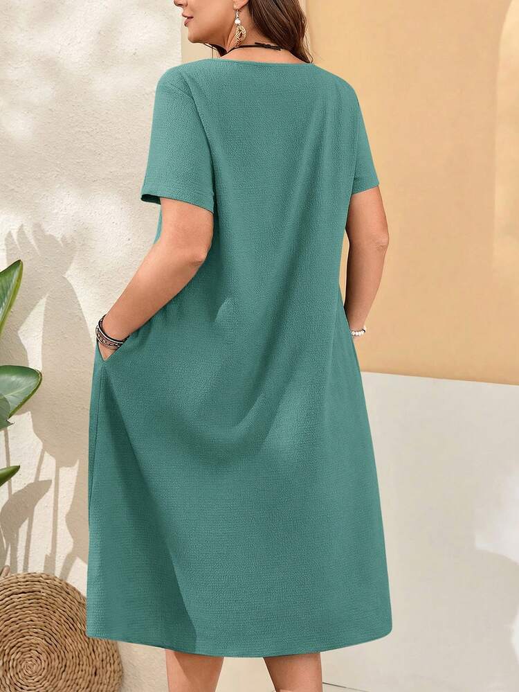 Plus Size Women'S Loose Fit Buttoned Short Sleeves Round Neck Pocket Green Dress With Side Slits For Spring Women's Summer Dresses Pocket Dresses Summer Dress Summer Outfits Summer Clothes Spring Dress Spring Outfit Women Spring Clothing Beach Vacation Outfits For Women Vacation Dress Bohemian