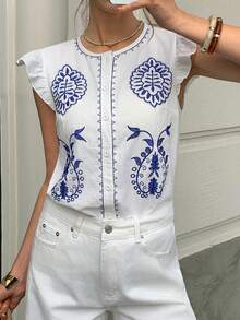 Elyressa Women's Vacation Casual Embroidered Cap Sleeve Blouse - White - View 3