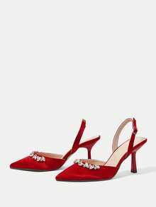 CUCCOO HITCHD Women's Pointed Toe High Heel Rhinestone Red Satin Comfortable Elegant Pumps, Suitable For Weddings, Parties, Formal Occasions - Bordeaux - View 3