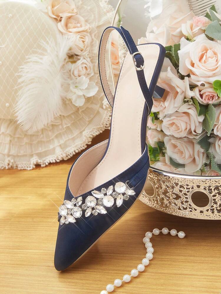 CUCCOO HITCHD Women's Pointed Toe Kitten Heel Rhinestone Satin Pumps, Comfortable Elegant Dress Shoes For Bride, Wedding, Party, Formal Occasions
