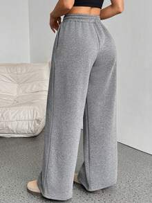 SHEIN PETITE Autumn/Winter New Casual Thickened Fleece Loose High Waist Elastic Waistband Wide Leg Sweatpants, Spring/Summer Versatile Casual Style - Dark Grey - View 2