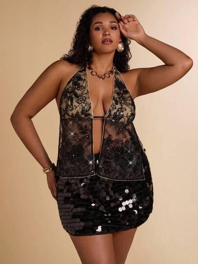 SHEIN BAE Plus Size Women's Beaded Embroidered Cropped Halter Tie Blouse,Sexy Lace Mesh See-Through Bra, Sequined Top, Black Camisole, Sexy Strappy Camisole For Music Festivals.