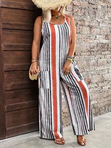 SHEIN Holidaya Bộ áo liền quần không tay ống rộng kẻ sọc dành cho nữ cỡ lớn, có túi. - Nhiều màu - Xem 6