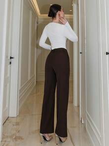 Bris Aura Straight Cut Relaxed Waist Suit Pants, Urban-Chic Commute Style - Coffee Brown - View 5