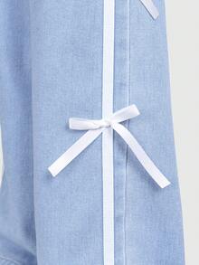Jeans rectos y versátiles de ajuste ceñido con decoración de lazo blanco para niñas pequeñas, de tela de mezclilla lavada en azul claro, suave y cómoda, adecuada para uso diario, juegos al aire libre, fiestas y celebraciones - Lavado ligero - Ver 7