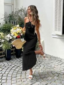 SHEIN LUNE Plus Size Women Floral 3D Decor Halter Neck Fashion Date Party Dress - Black - View 4
